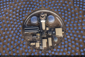 Aerial photo of power block of the Crescent Dunes Solar concentrated solar power plant near Tonopah, Nevada: digital photograph