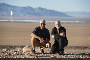 Jimmy Long, helicopter pilot, and Jamey Stillings near the Crescent Dunes Solar Power plan outside of Tonopah, Nevada: digital photograph