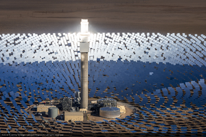 Aerial photo of the power block at the Crescent Dunes Solar concentrated solar power plant near Tonopah, Nevada: digital photograph