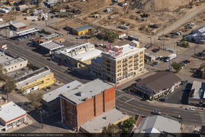 Aerial photo of downtown, including the Mizpah Hotel, in Tonopah, Nevada: digital photograph