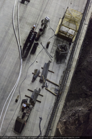 Photograph showing an aerial view of construction of the Mike O'Callaghan-Pat Tillman Memorial Bridge as seen from temporary pylons on the Arizona side of the bridge, July 1, 2009