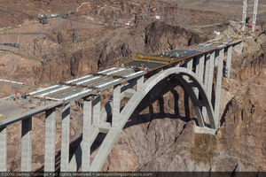 Photograph of the completed functional structure of the Mike O'Callaghan-Pat Tillman Memorial Bridge, including tub girders, Nevada-Arizona border, April 15, 2010