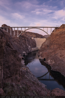 Photograph showing an upstream view of the Mike O'Callaghan-Pat Tillman Memorial Bridge and Hoover Dam, Nevada-Arizona border, January 12, 2011
