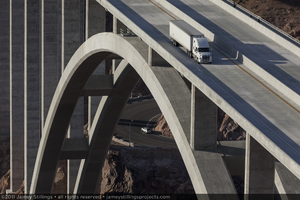 Photograph of the Mike O'Callaghan-Pat Tillman Memorial Bridge as seen from Sugarloaf Mountain near the Arizona-Nevada border, January 13, 2011