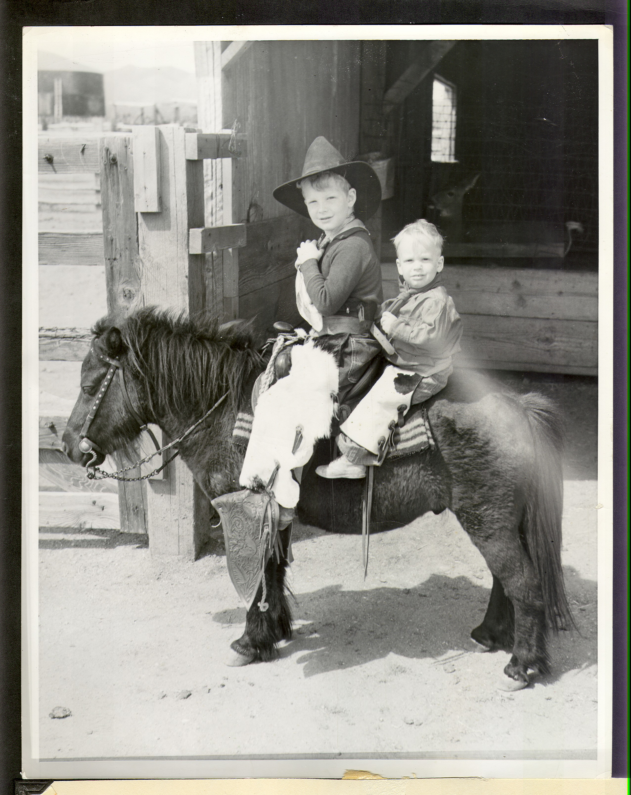 George Francis Robert Bell and Rex Bell Jr. on a Shetland pony at Walking Box Ranch: photographic print