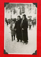 Clara Bow Bell with unidentified woman and child at a ski resort in Europe during her honeymoon: photographic print