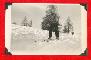 Rex Bell skiing during his honeymoon in Europe: photographic print