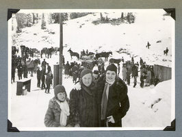 Clara Bow Bell (right) and unidentified woman and child at ski resort in Europe: photographic print