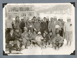 Large group of people posing in front of a ski area in Europe: photographic print
