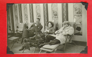 Clara Bow Bell relaxing on a deck chair during European honeymoon; Rex at right: photographic print