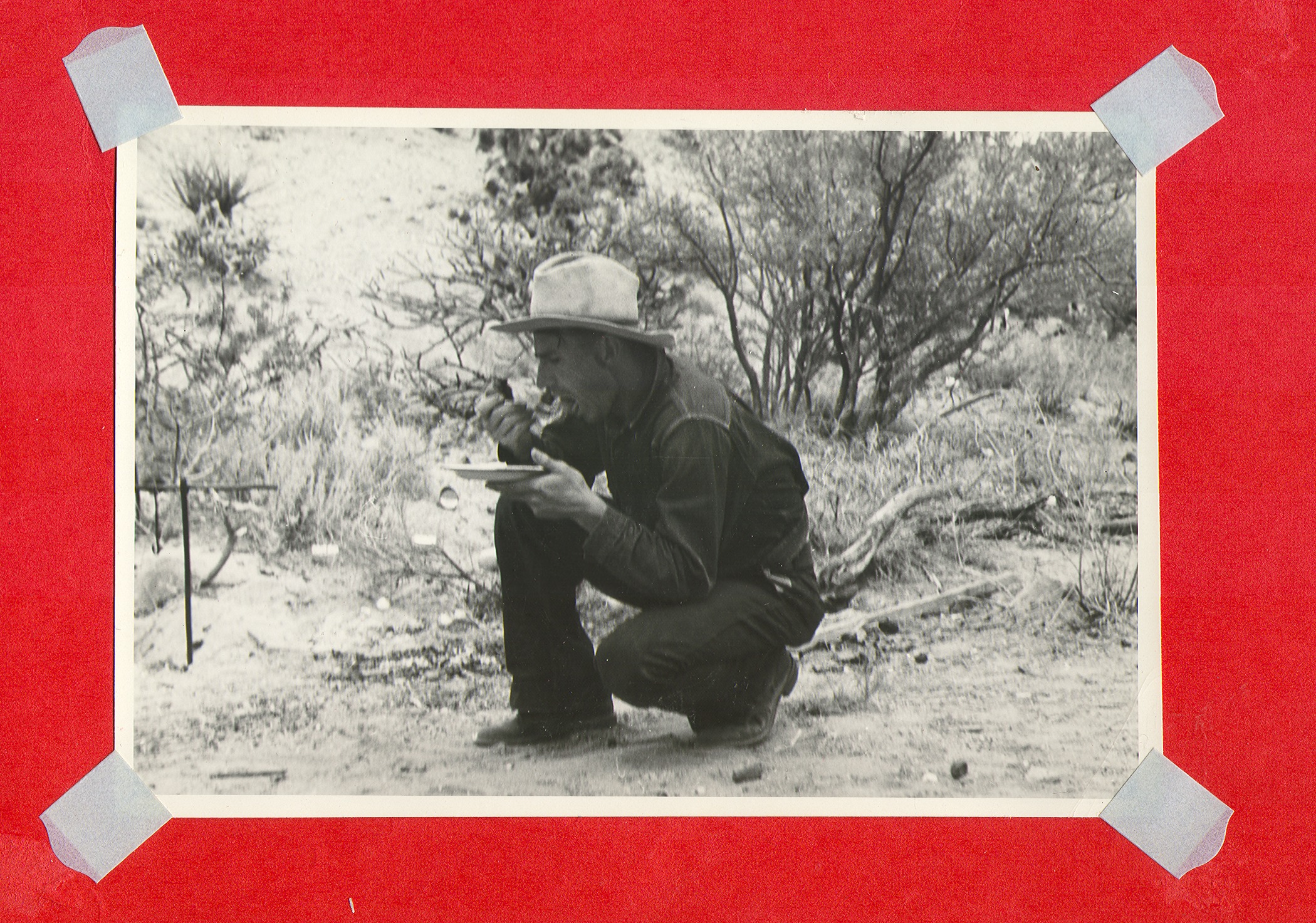 Unidentified cowboy stooped down, eating: photographic print