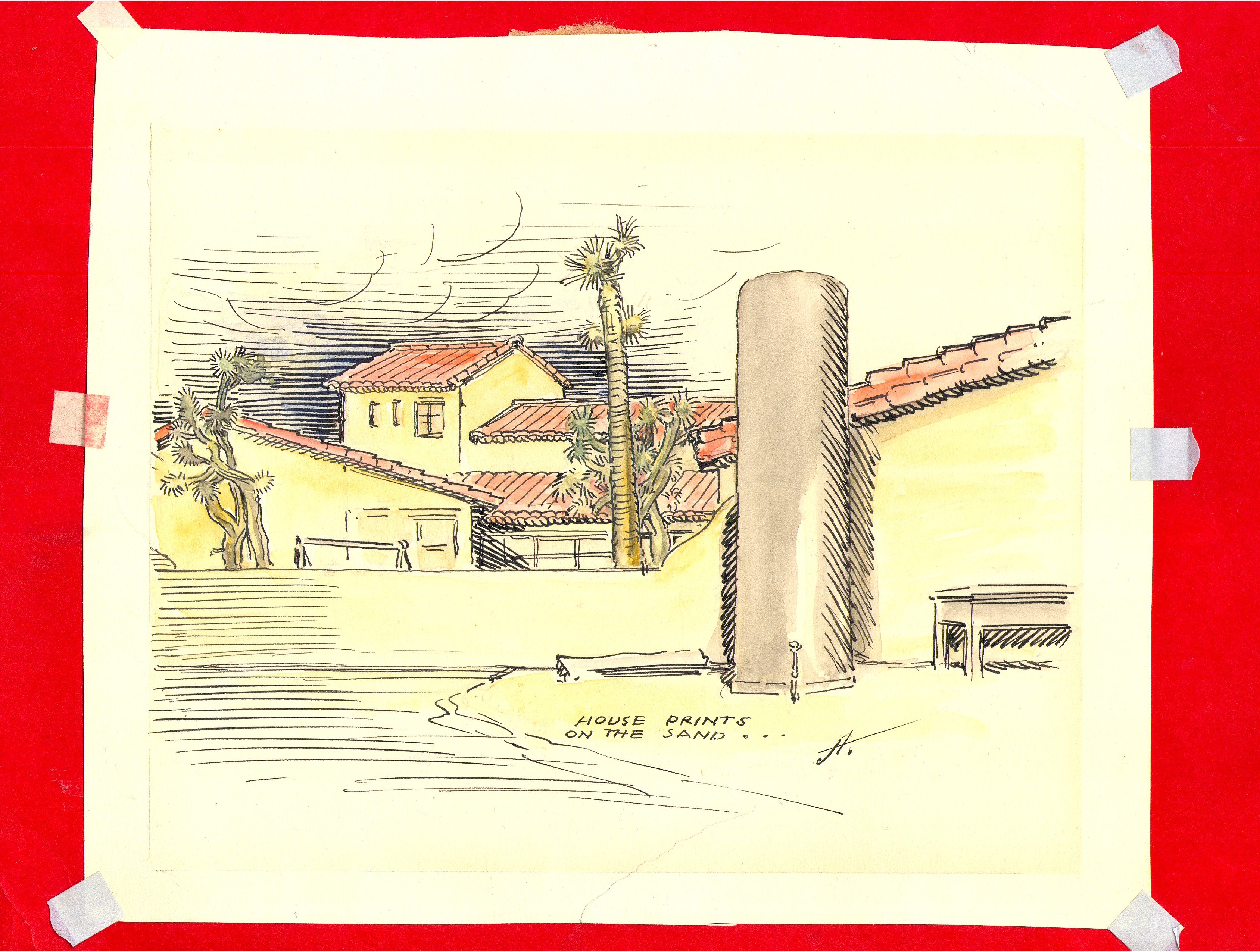 Sketch (pastel colored) of the ranch house at Walking Box Ranch: design drawings