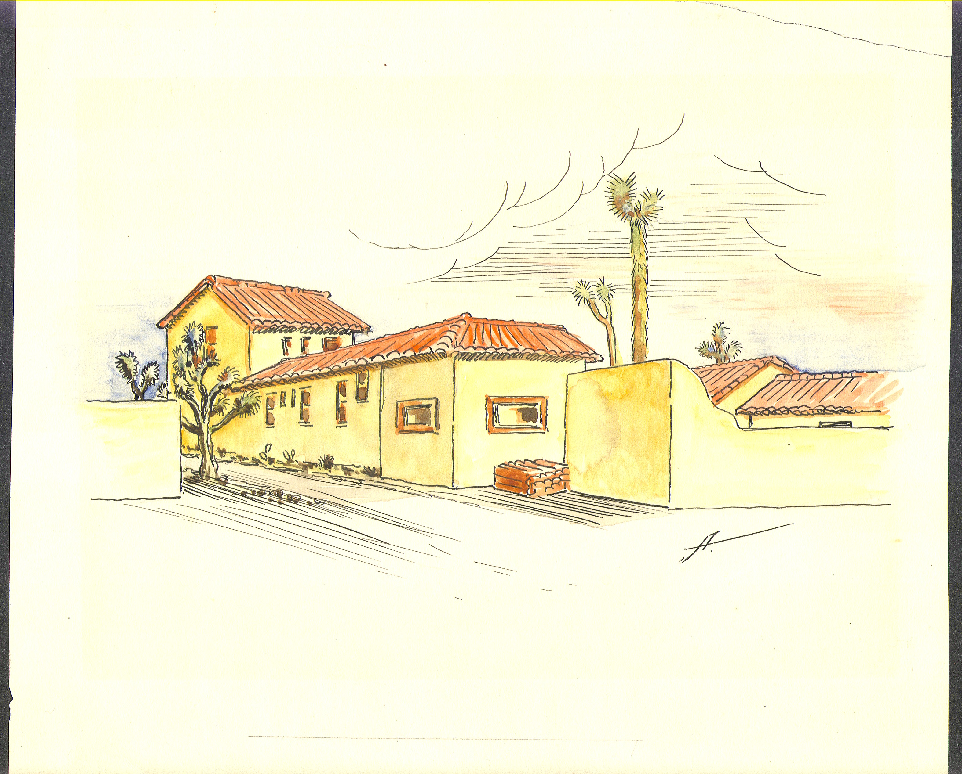 Pastel sketch of the ranch house viewed from the back: design drawings