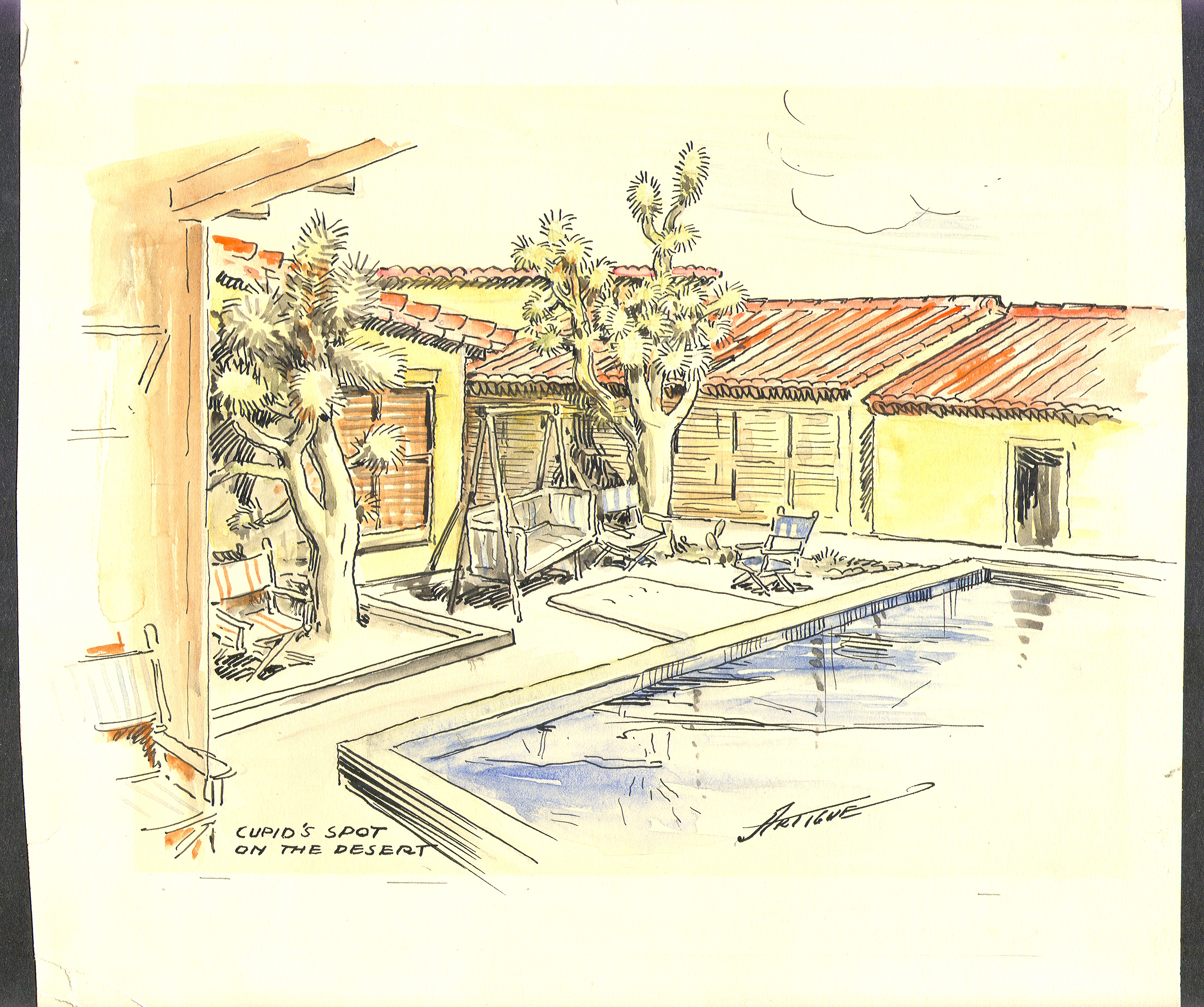Pastel sketch of the swimming pool at the ranch. "Cupid's Spot on the Desert": design drawings