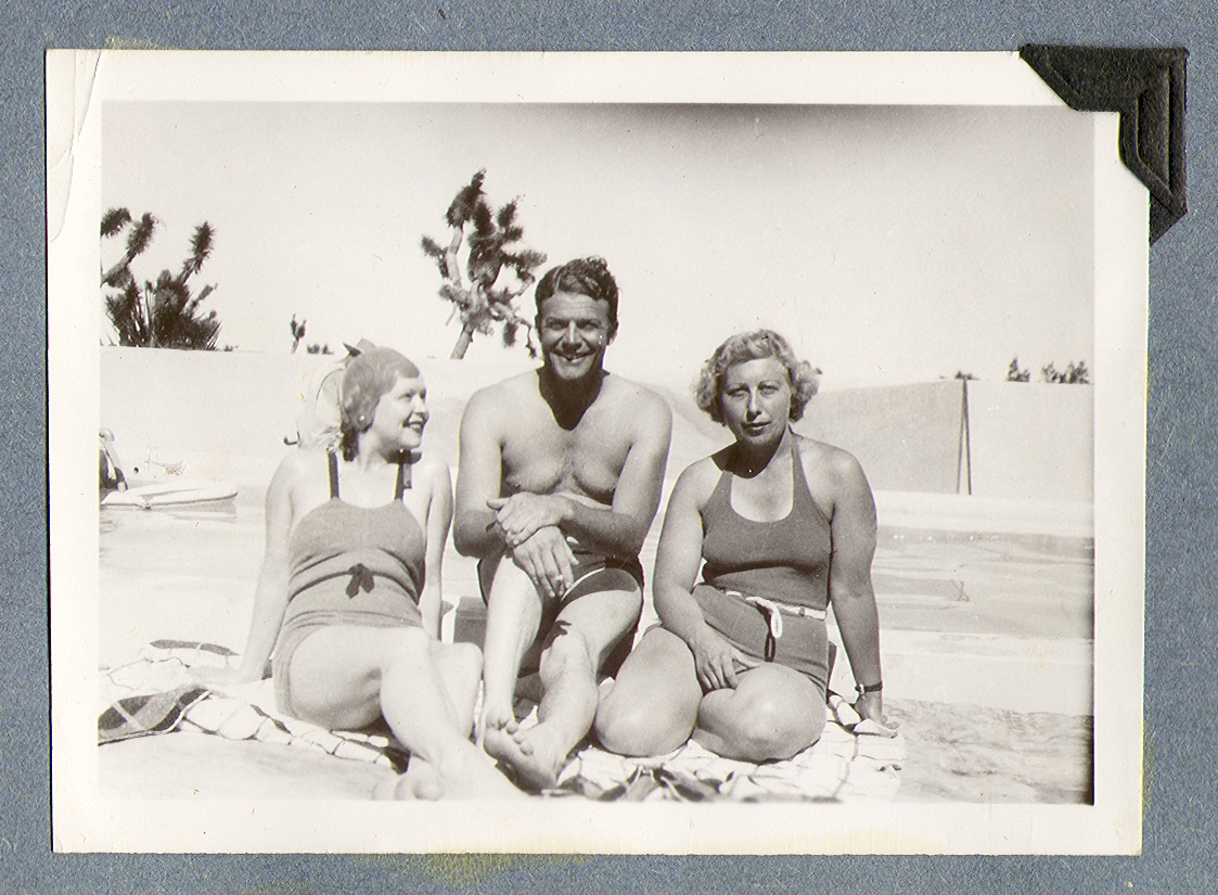 Rex, Clara, and Helene, all in bathing suits by the pool: photographic print