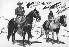 Postcard with two people on horseback: postcard