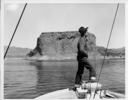 Rex Bell (George Francis Beldam)(seated) on sailboat at Temple Bar at Lake Mead