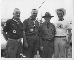Right to left: Rex Bell (George Francis Beldam), Maj. Bill Ruch (PA. State Police)"Tex" Shaffer (Boy Scouts of America), McCreary. Handwritten on back: McCreary,"Tex" Shaffer (B.S.A." Maj. Bill Ruch (Pa. State Police)