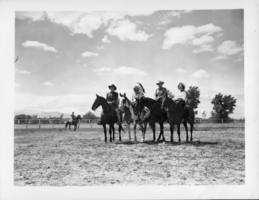 Rex Bell (George Francis Beldam) second on right, with four other unidentified people at an unknown location, all on horseback