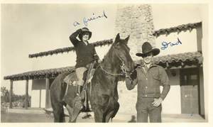 Marion Lewyn, film personality, on horse, with Rex Bell: photograph