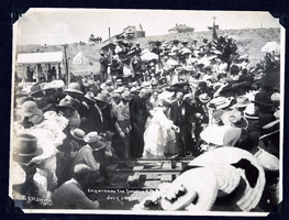 Photograph of the driving of the golden spike and christening at Tonopah Railroad (Nev.), July 25, 1904