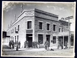 Photograph of street scene and Golden Block Building, Tonopah (Nev.), early 1900s