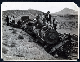 Photograph of train wreck at Desert Wells, Tonopah (Nev.), early 1900s