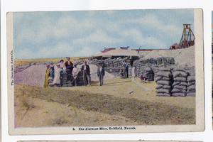 Postcard of people with sacks of ore at the Florence Mine, Goldfield (Nev.), 1900-1925