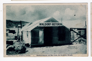 Postcard of a tent house with a humorous sign,Goldfield, Goldfield (Nev.), 1900-1925