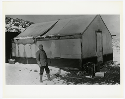Photograph of Don Finley at Josiah Crowel's Chloride Cliff camp in winter, Beatty (Nev.), 1915