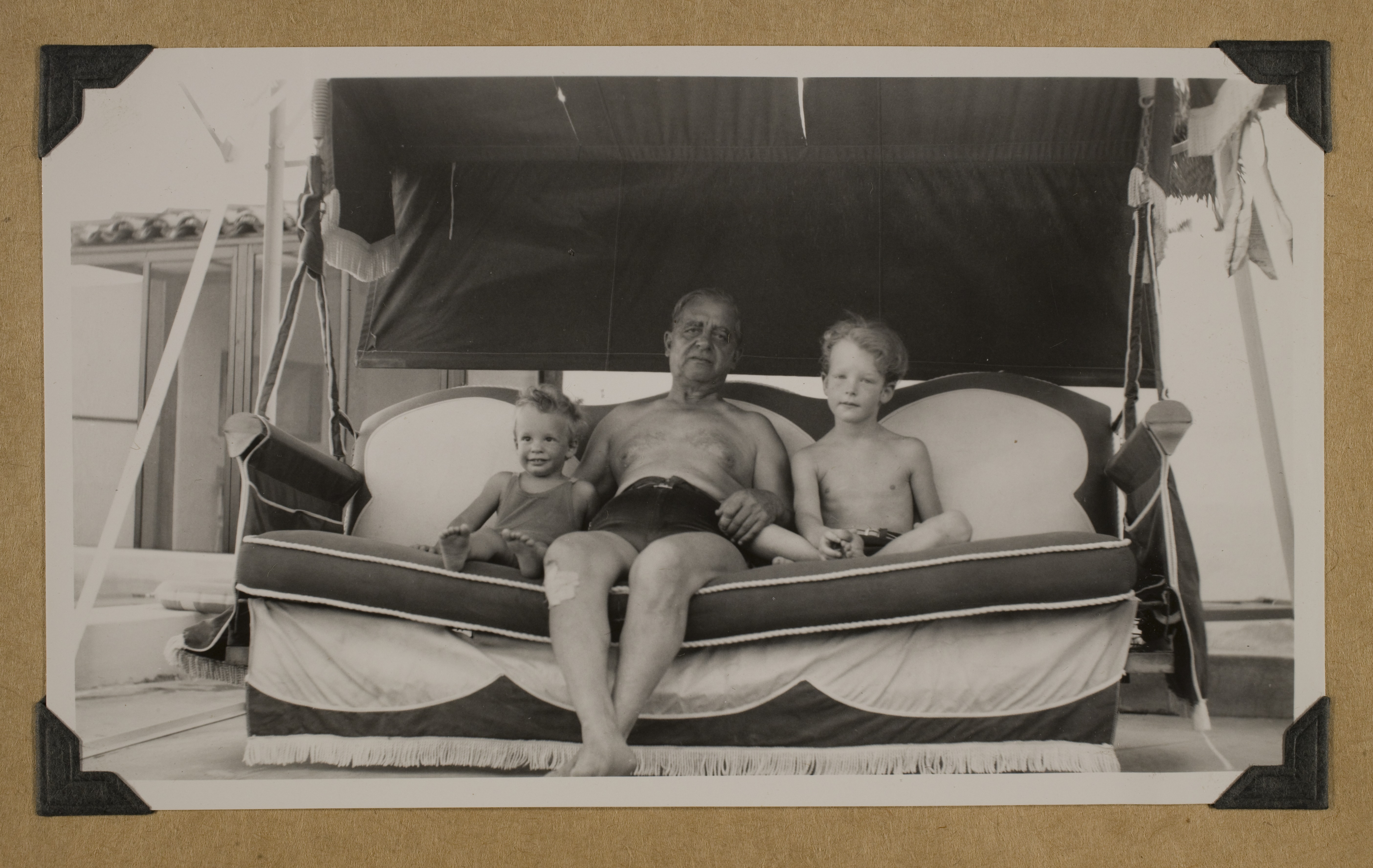 George Francis Robert Bell (left), Robert "King" Bow and Rex Anthony Bell, Jr (Toni Larbow Beldam) (right), George Francis Robert Bell at pool at ranch house at Walking Box Ranch: photographic print