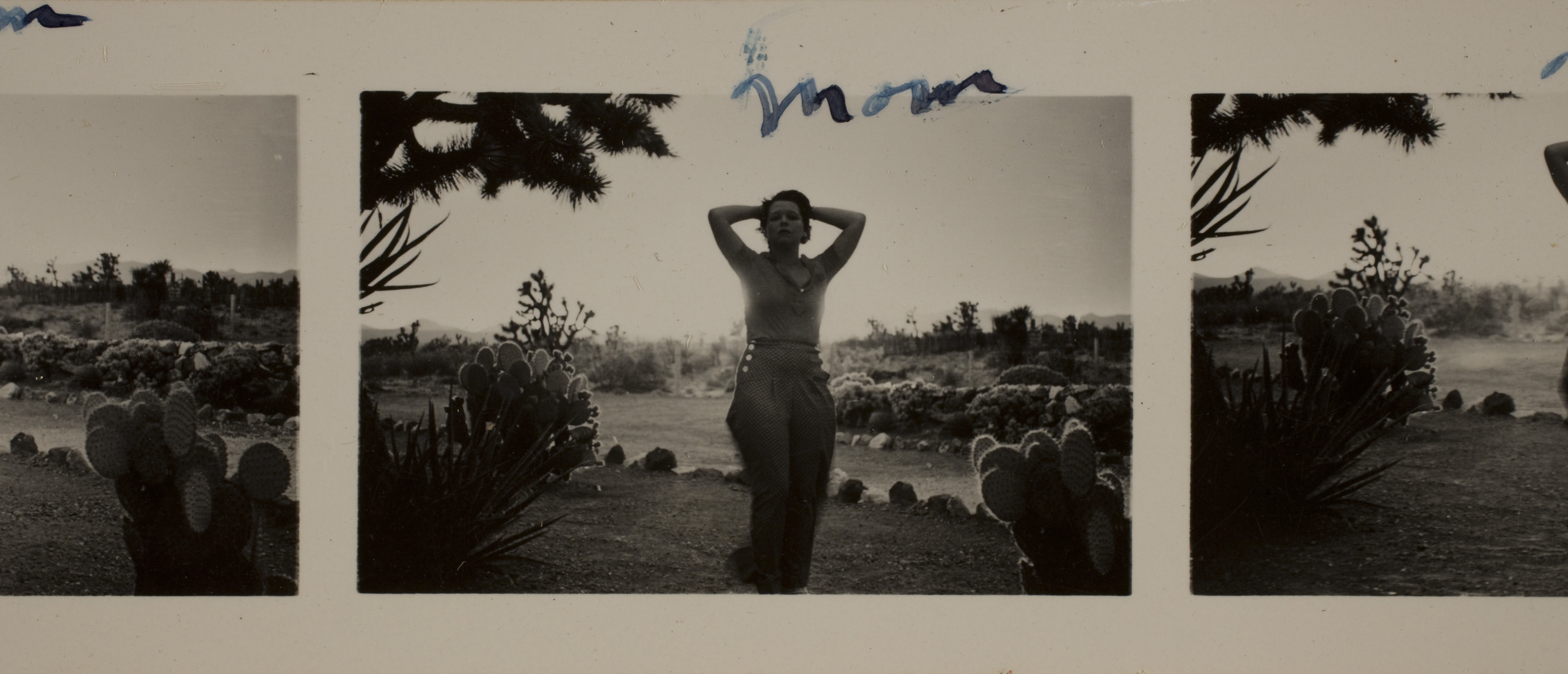 Clara Bow at Walking Box Ranch, Nevada in front of Ranch house." Rock gardens are in the background: photographic print