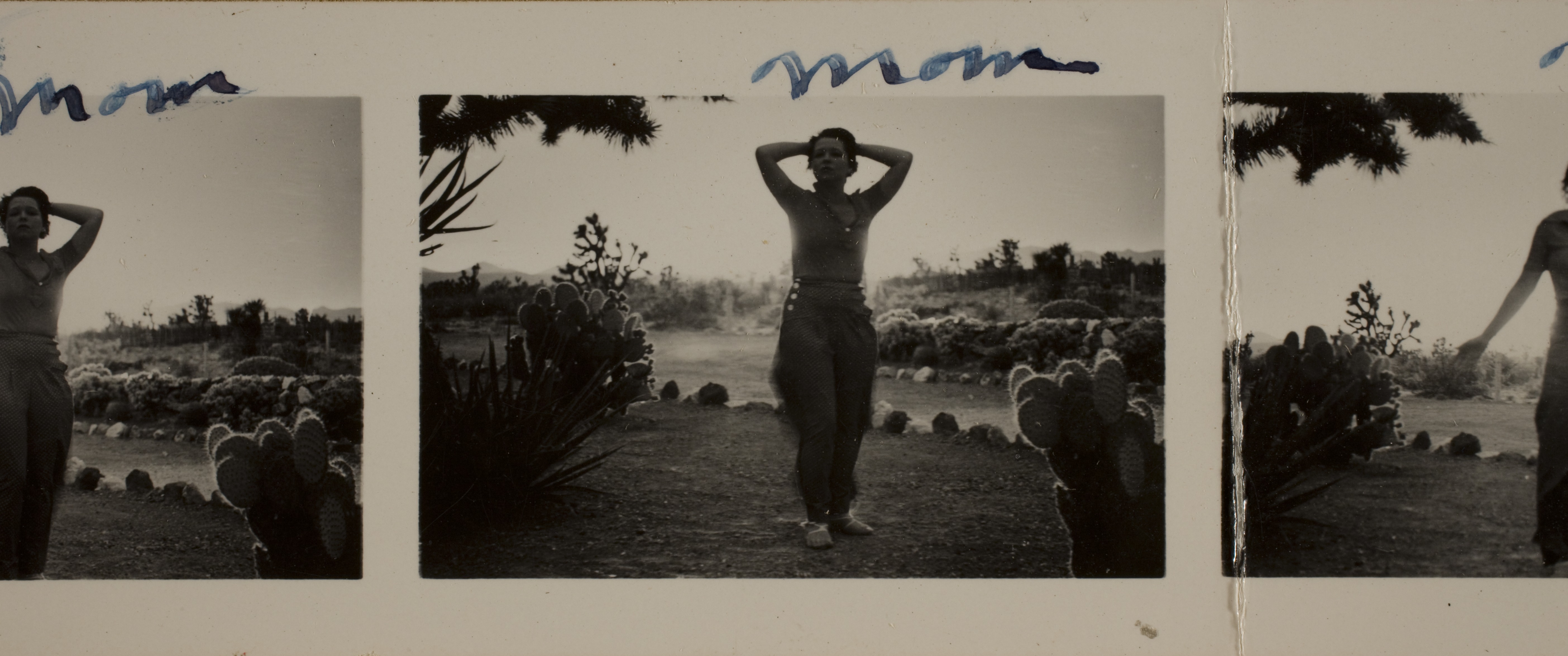 Clara Bow at Walking Box Ranch, Nevada in front of Ranch house." Rock gardens are in the background: photographic print