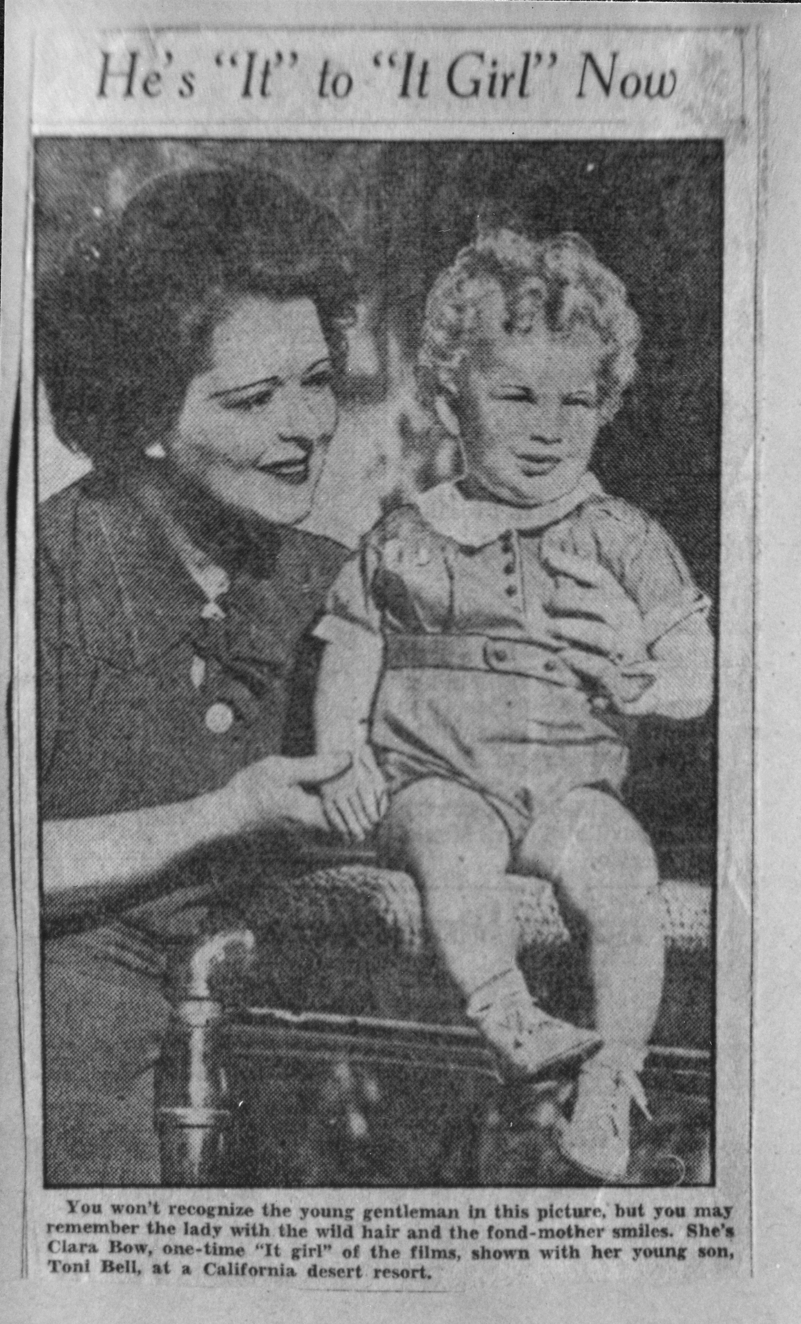 Clara Bow and Rex Anthony Bell, Jr (Toni Larbow Beldam) in newspaper clipping: newspaper clipping