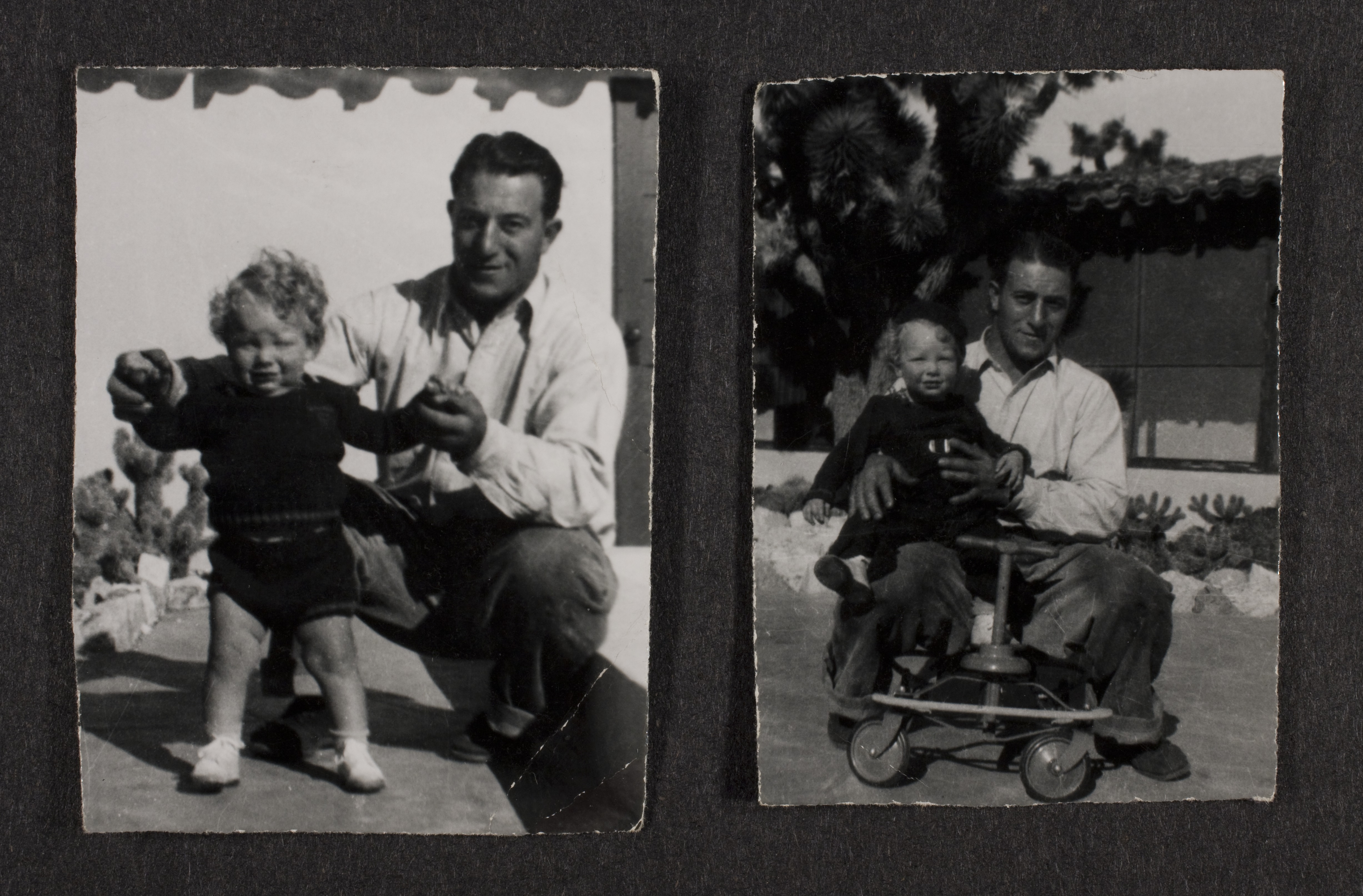 Two photos of Rex Anthony Bell, Jr (Toni Larbow Beldam) with unidentified man in the courtyard at the ranch house at Walking Box Ranch: photographic print