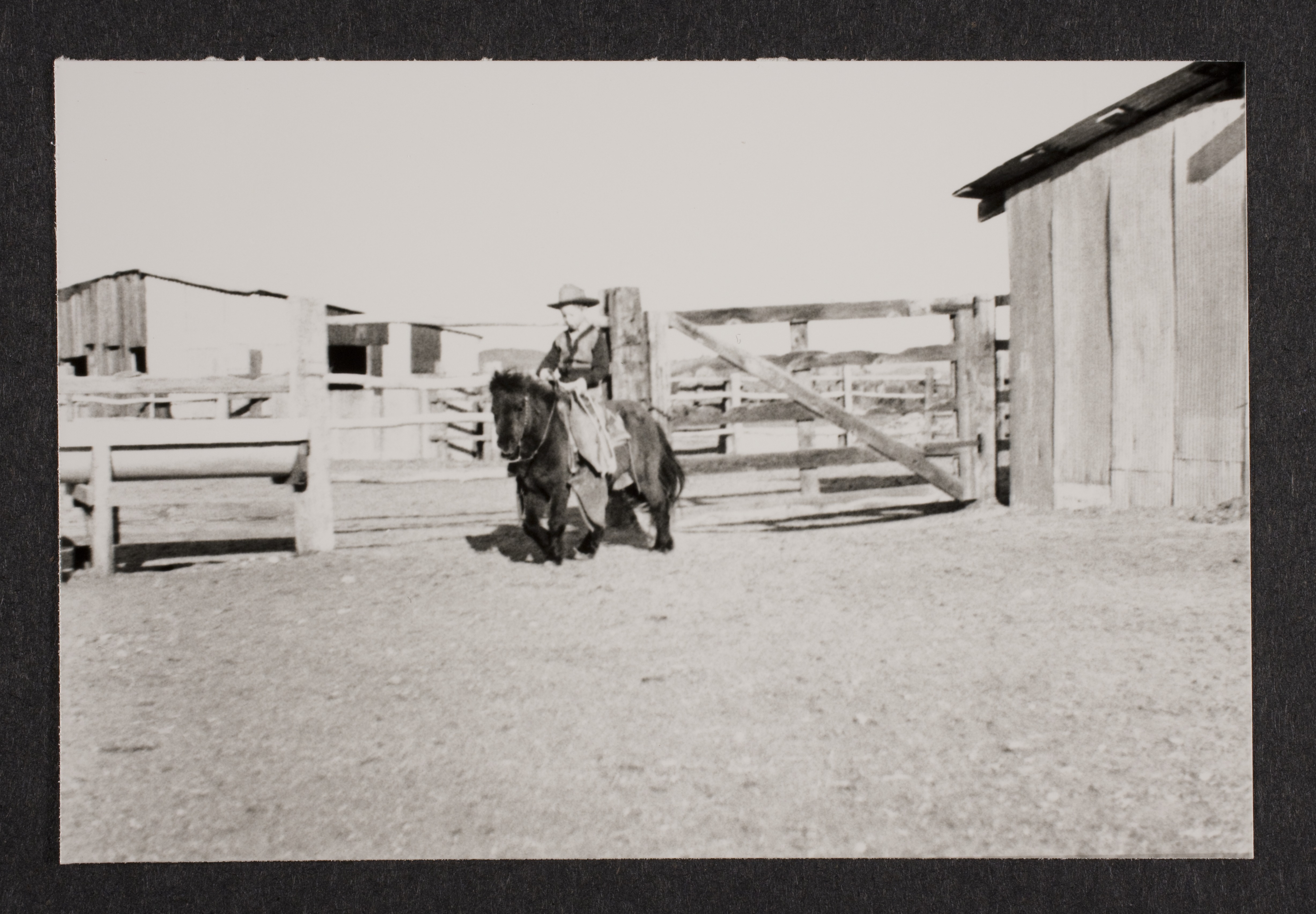 Rex Jr. (Toni) on pony (Smoky) in barn area at Walking Box Ranch, Nevada: photographic print