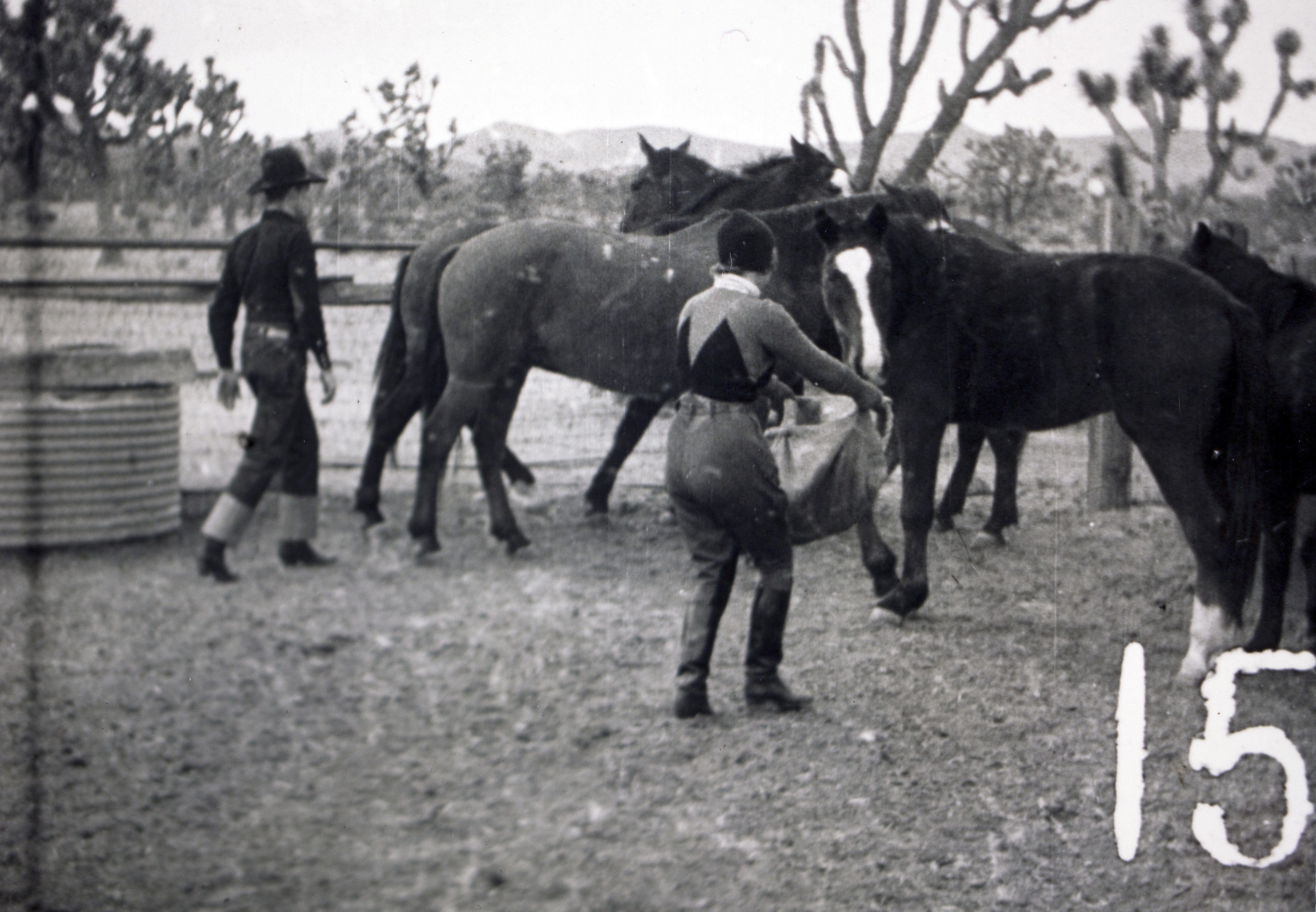 Rex Bell (George Francis Beldam) and Clara Bow at Walking Box Ranch with horses.  Still image from Paramounts "Hollywood on Parade". No. B-11 / Paramount. 1934: photographic print