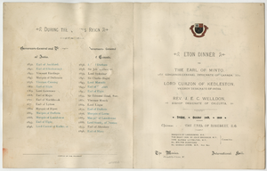 Menu for the Eton Dinner to the Earl of Minto, Lord Curzon of Kedleston, and Rev. J. E. C. Welldon, Friday, October 28, 1898, at The Monico