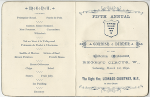 Fifth Annual Cornish dinner, menu, Saturday, March 1st, 1890, at the Criterion