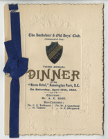 Menu for Bachelors' and Old Boys' Club 3rd annual dinner, Saturday, April 12, 1902, at Horns Hotel,