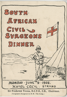 South African civil surgeons dinner menu, Monday, June 9, 1902, at Hotel Cecil