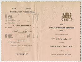 The Hotel and Restaurant Benevolent Fund, ball party, menu, Friday, December 7, 1900, at Hotel Cecil