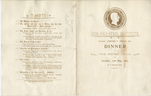Iron and Steel Institute Dinner, menu, May 11, 1897, at Hotel Cecil