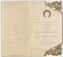 Tattersall's sponsored complimentary dinner to Mr. William Easton, menu, 15 Mars, 1893, at the Hôtel Continental