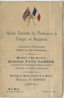 Société Nationale des Professeurs des Français en Angleterre, event, menu, February 23, 1901, at Café Royal