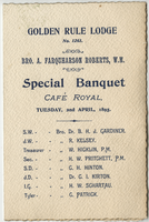 Golden Rule Lodge special banquet, menu, Tuesday, April 2, 1895, at Café Royal