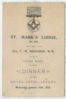 St. Mark's Lodge, ladies' night, event, menu, Monday, January 29, 1902, at Hotel Cecil