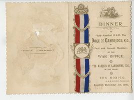 Menu for dinner to Field-Marshal H.R.H. the Duke of Cambridge, K. G., Tuesday, November 5, 1895, at The Monico, International Hall