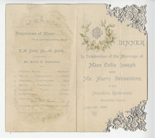 Dinner in celebration of the marriage of Miss Celia Joseph with Mr. Harry Schneiders, menu, June 1, 1898, at Trocadero Restaurant