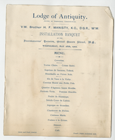 Lodge of Antiquity installation banquet, menu, Wednesday, May 28, 1902, at Freemasons' Tavern